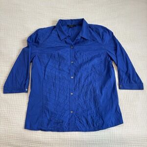 Lafayette 148 New York Shirt Womens 14 Blue Button Front Short Sleeve Career